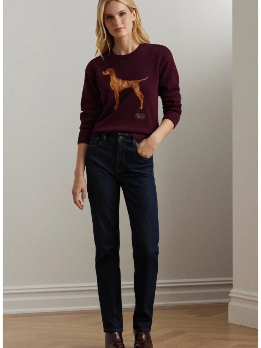 ๐ Lauren Ralph Lauren Intarsia-Knit Vizsla Dog Cotton Sweater Burgundy M - Picture 5 of 12